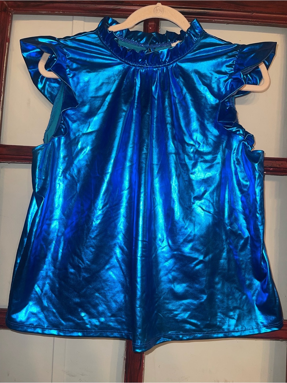 JODIFL Metallic Royal Blue Ruffle Sleeve Top